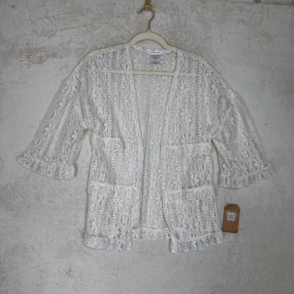 Forever Me White Crochet Lace Ruffle Cardigan Kimono Boho Cottagecore Size M NWT